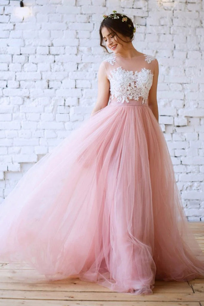 Prom Dresses Stores New Arrival Pink Princess Tulle Floor-length Appliques Lace A Line Long Prom Dresses Formal Women's Dresses